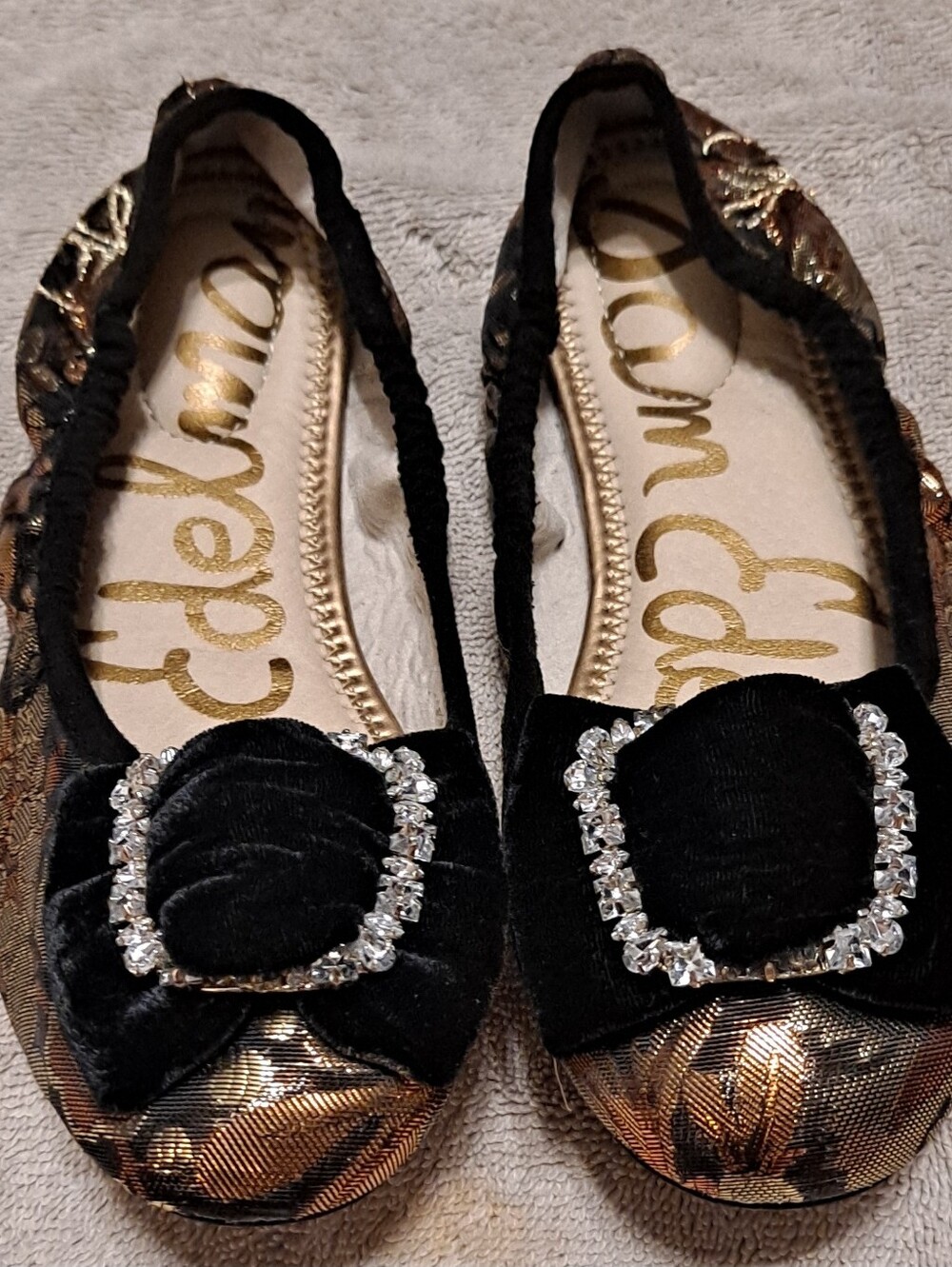 Sam Edelman Black Velvet and Gold Pattern Ballet Flats with Rhinestone Buckle 4